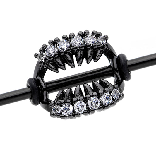 14G Clear CZ Gem Black Monster Fangs Industrial Barbell 38mm
