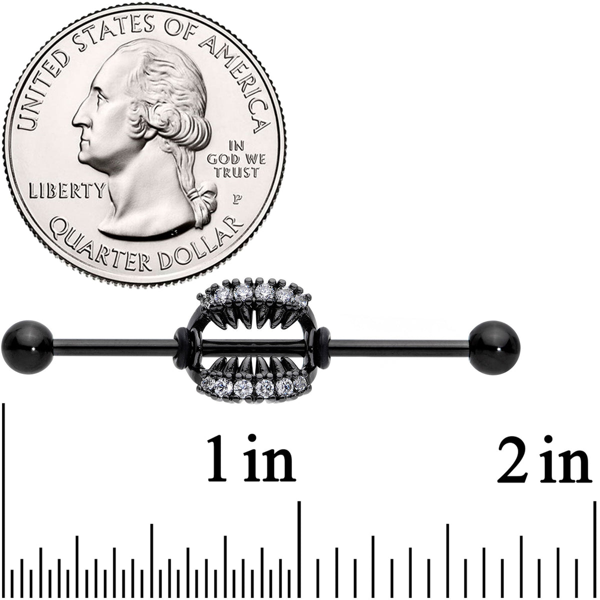 14G Clear CZ Gem Black Monster Fangs Industrial Barbell 38mm