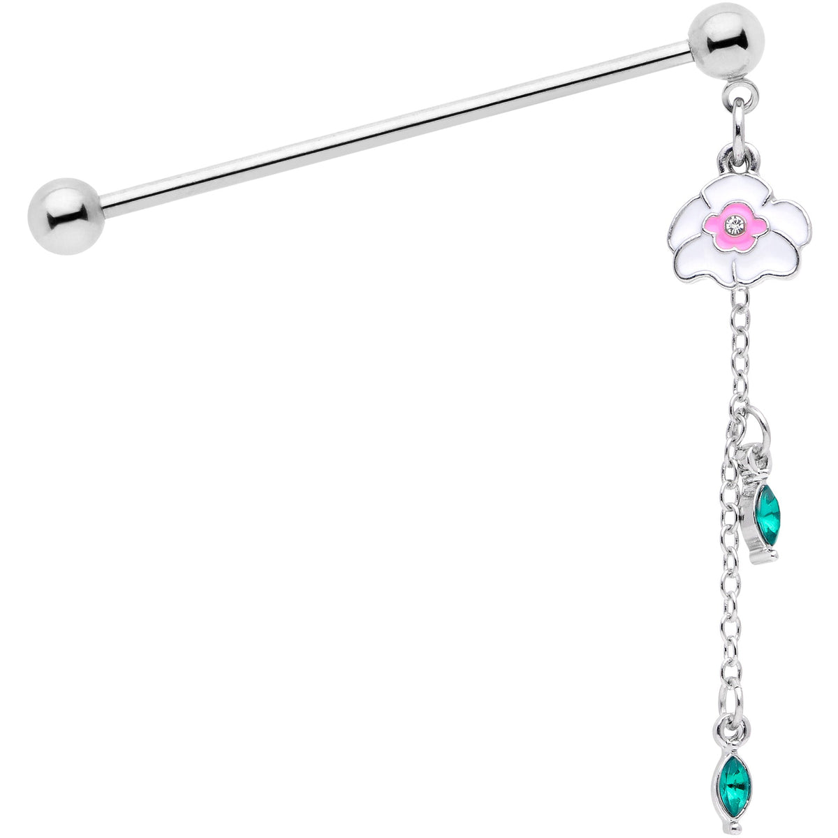 14G Clear Green Gem Flower Chain Dangle Industrial Barbell 38mm