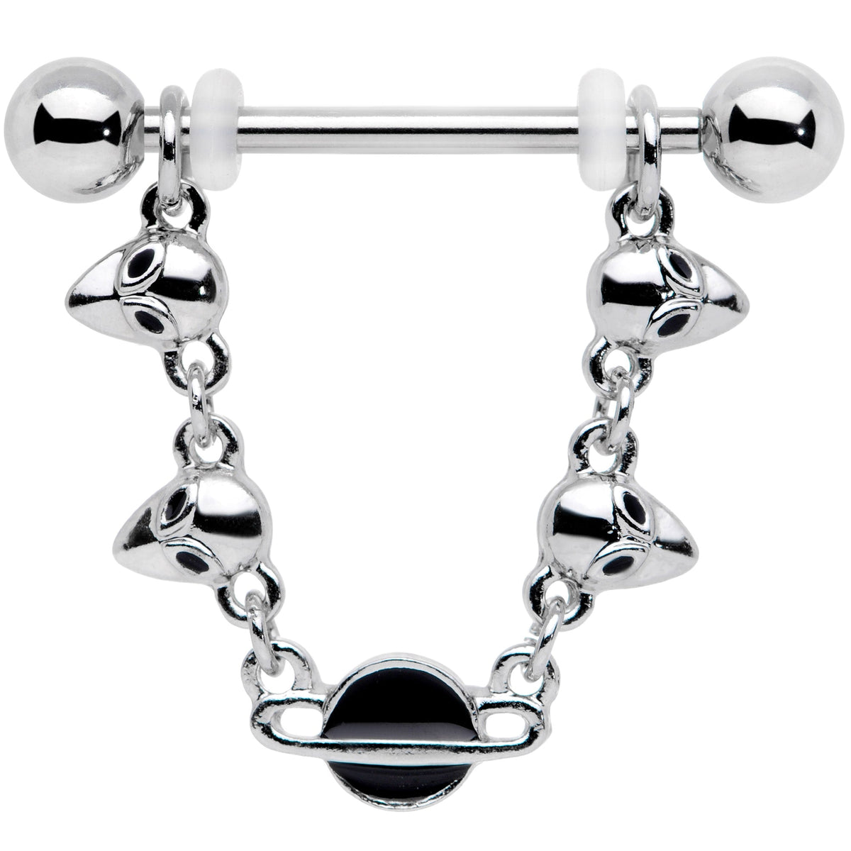 14G 9/16 Black Planet Saturn Alien Dangle Barbell Nipple Ring Set