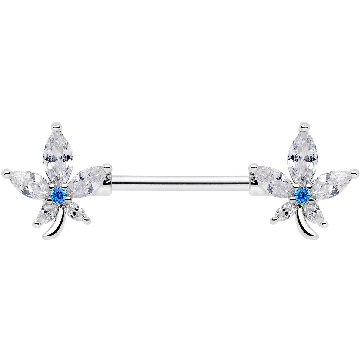 14G 9/16 Clear Blue CZ Gem Marijuana Leaf Barbell Nipple Ring Set