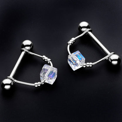 14G 5/8 Clear Gem Cube Dangle Nipple Ring Set