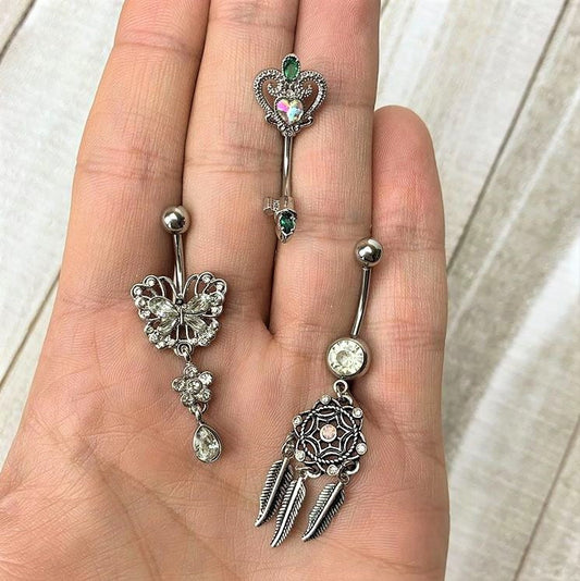 Green Aurora Gem Queens Key Double Mount Belly Ring