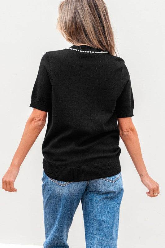 Bria Pearl Bow Short Sleeve Knitted Top