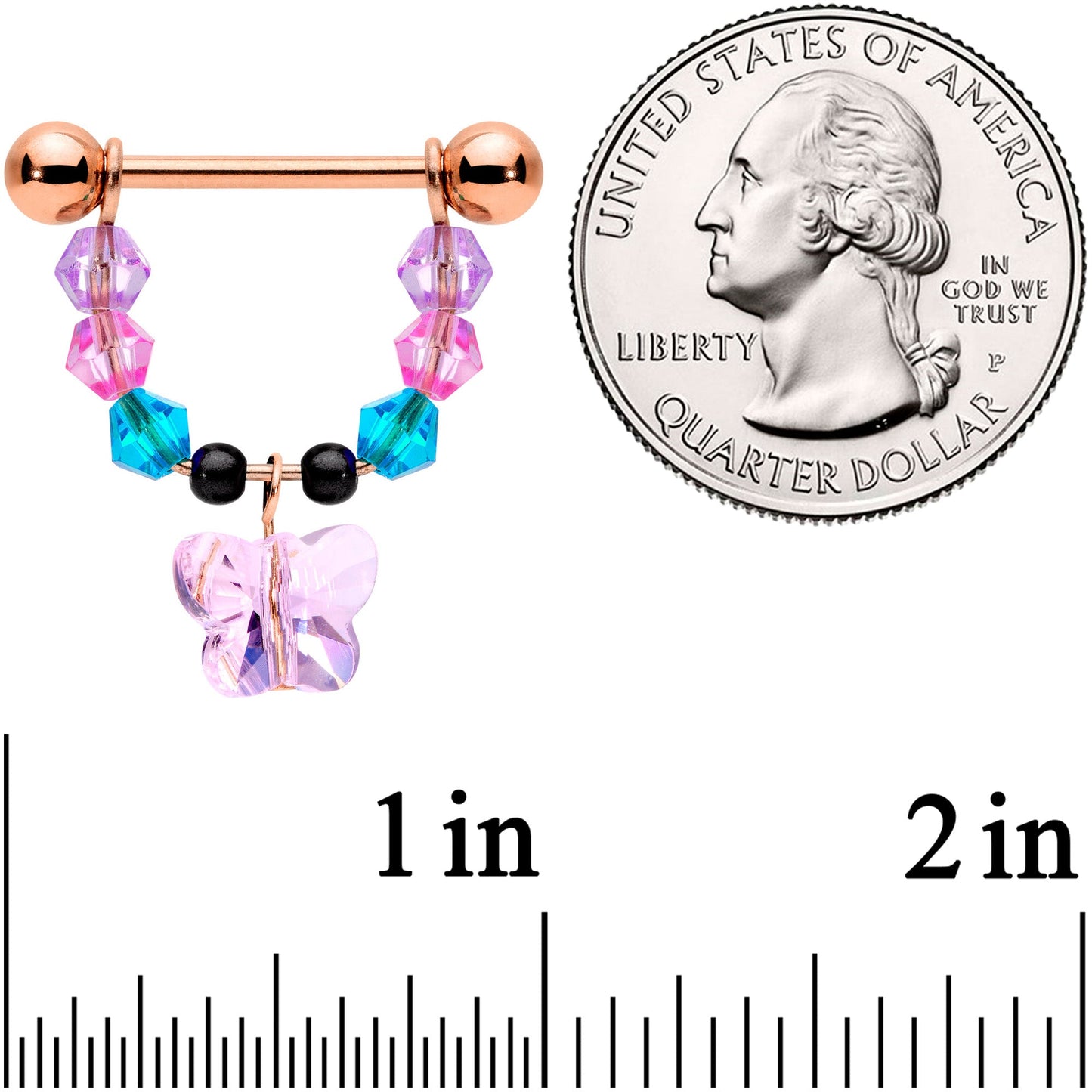 14G Pink Gem Rose Gold Tone Butterfly Dangle Nipple Ring Set