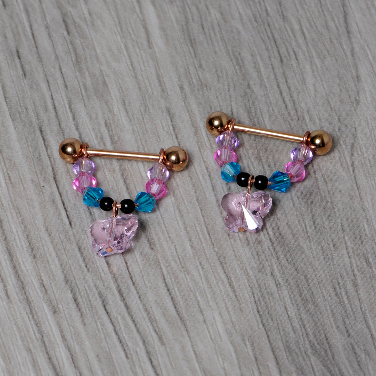 14G Pink Gem Rose Gold Tone Butterfly Dangle Nipple Ring Set