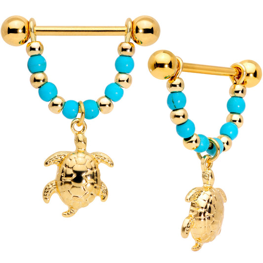 14G 5/8 Faux Turquoise Gold Tone Sea Turtle Dangle Nipple Ring Set