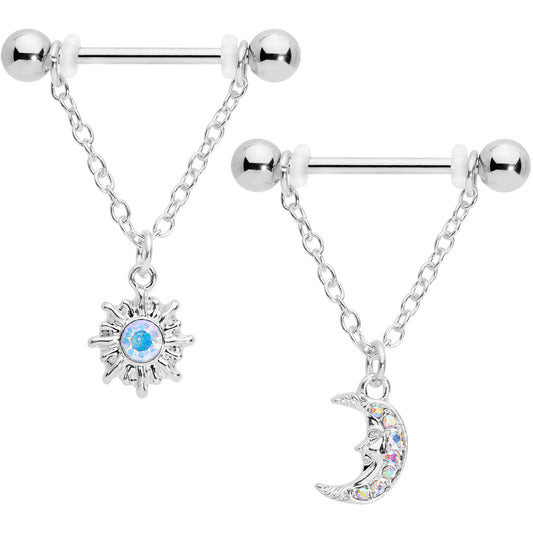 14G 5/8 Aurora Gem Moon Sun Dangle Nipple Ring Set