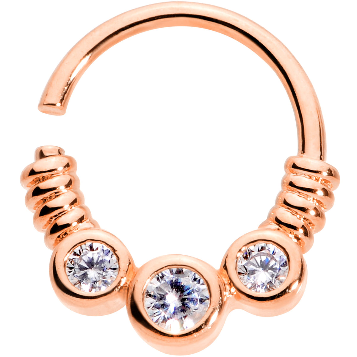 16G 3/8 Clear CZ Gem Trio Rose Gold Tone Coils Closure Ring