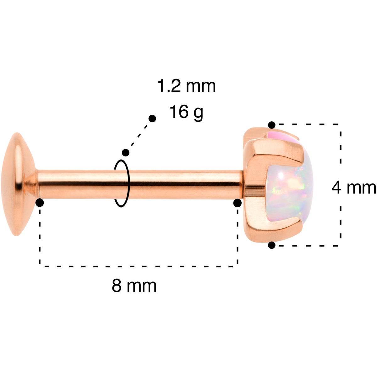 16G 5/16 4mm Syn Opal Rose Gold G23 Titanium Internal Thread Labret