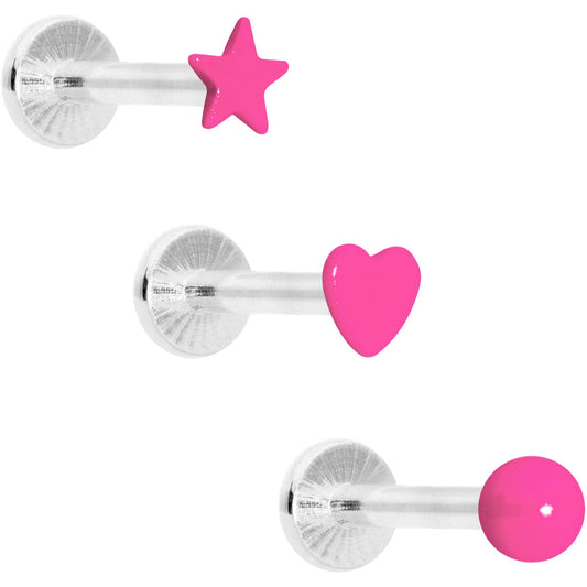 16G 5/16 Pink Glow Star Heart Labret Set of 3