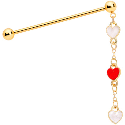 14G Red White Gold Tone Hearts Dangle Industrial Barbell 38mm