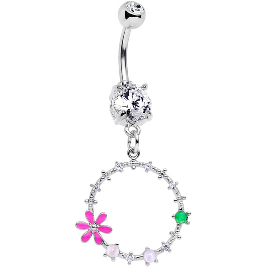 Clear CZ Gem Green Pink Faux Opal Loop Flower Dangle Belly Ring