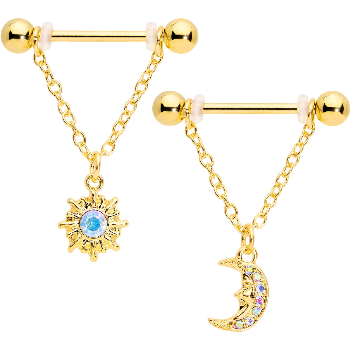14G 5/8 Aurora Gem Gold Tone Sun Moon Dangle Nipple Ring Set