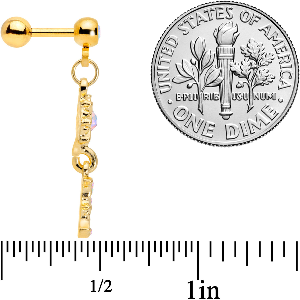 16G 1/4  Aurora Gem Gold Tone Moon Dangle Cartilage Tragus