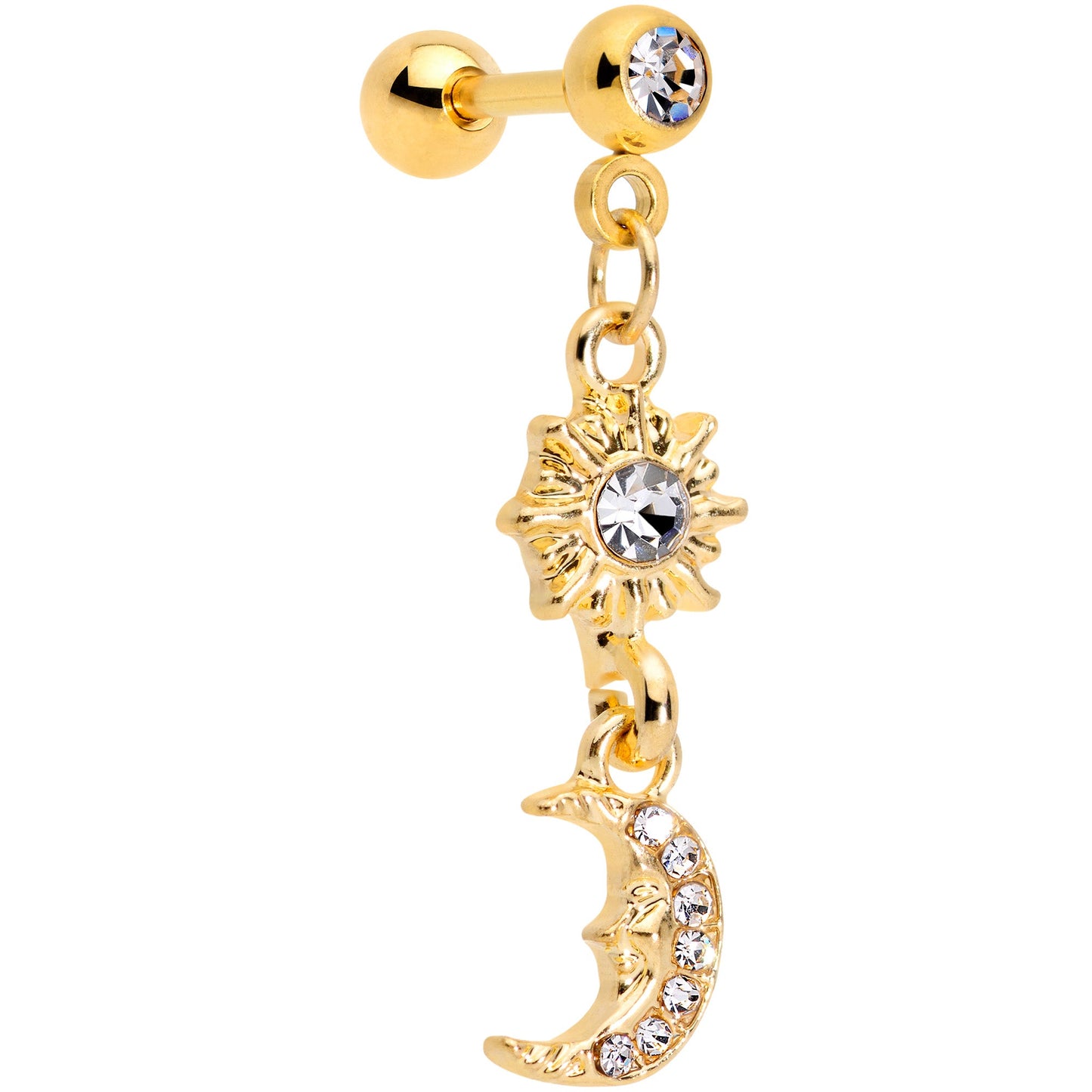 16G 1/4 Clear Gem Gold Tone Moon Dangle Cartilage Tragus