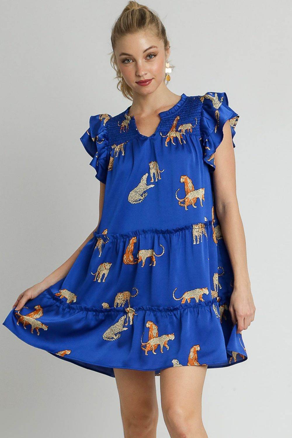 Umgee Full Size Cheetah Print Notched Ruffle Layered Cap Sleeve Mini Dress Plus Size