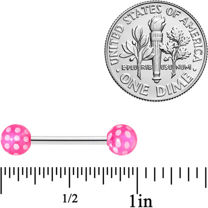 14G 9/16 Pink White Polka Dot UV Ball Barbell Nipple Ring Set