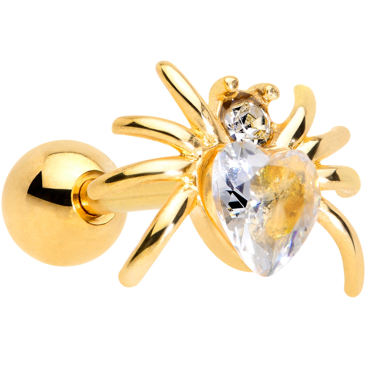 16G 1/4 Clear Gem Gold Tone Heart Spider Cartilage Tragus