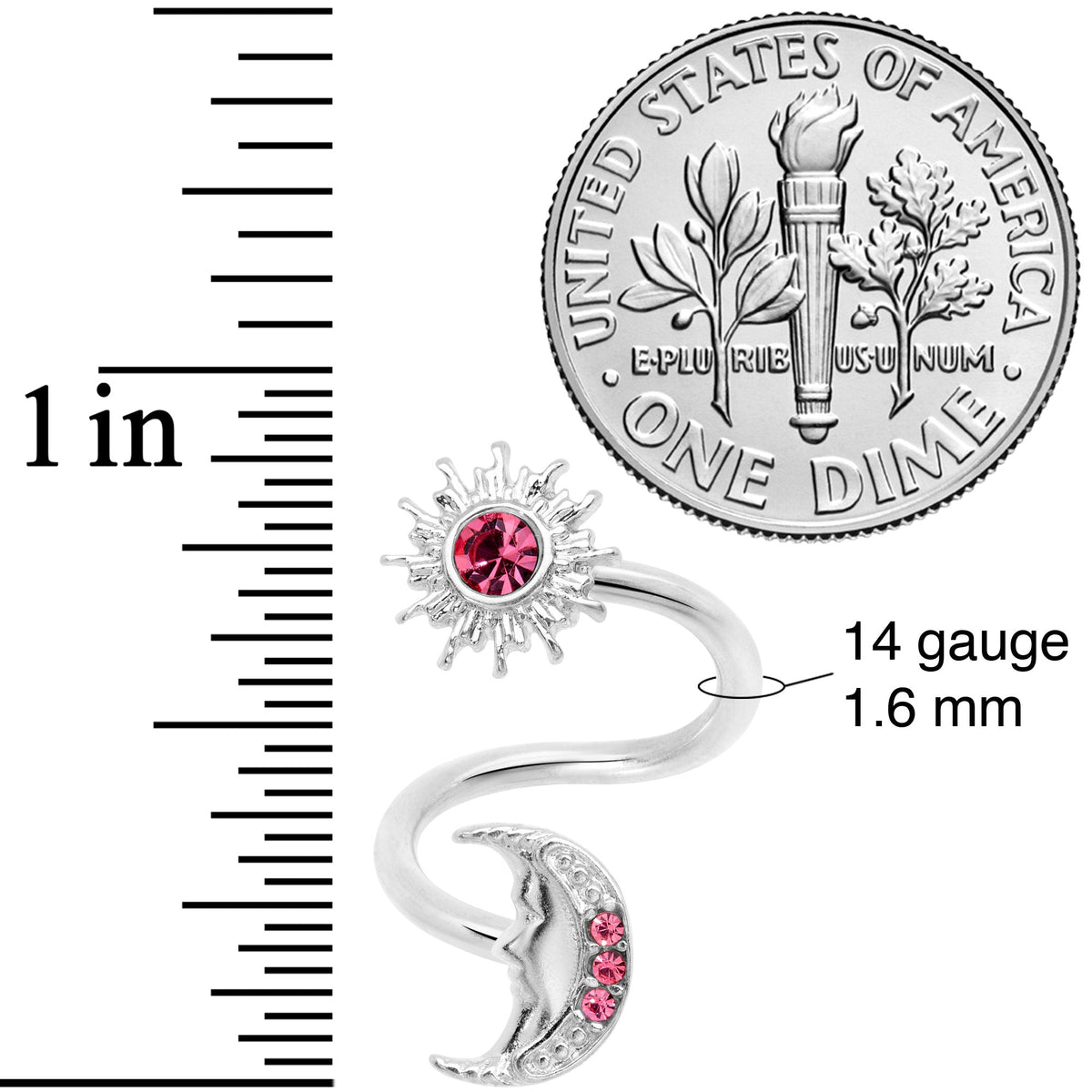 14G 7/16 Pink Gem Moon Spiral Twister Belly Ring