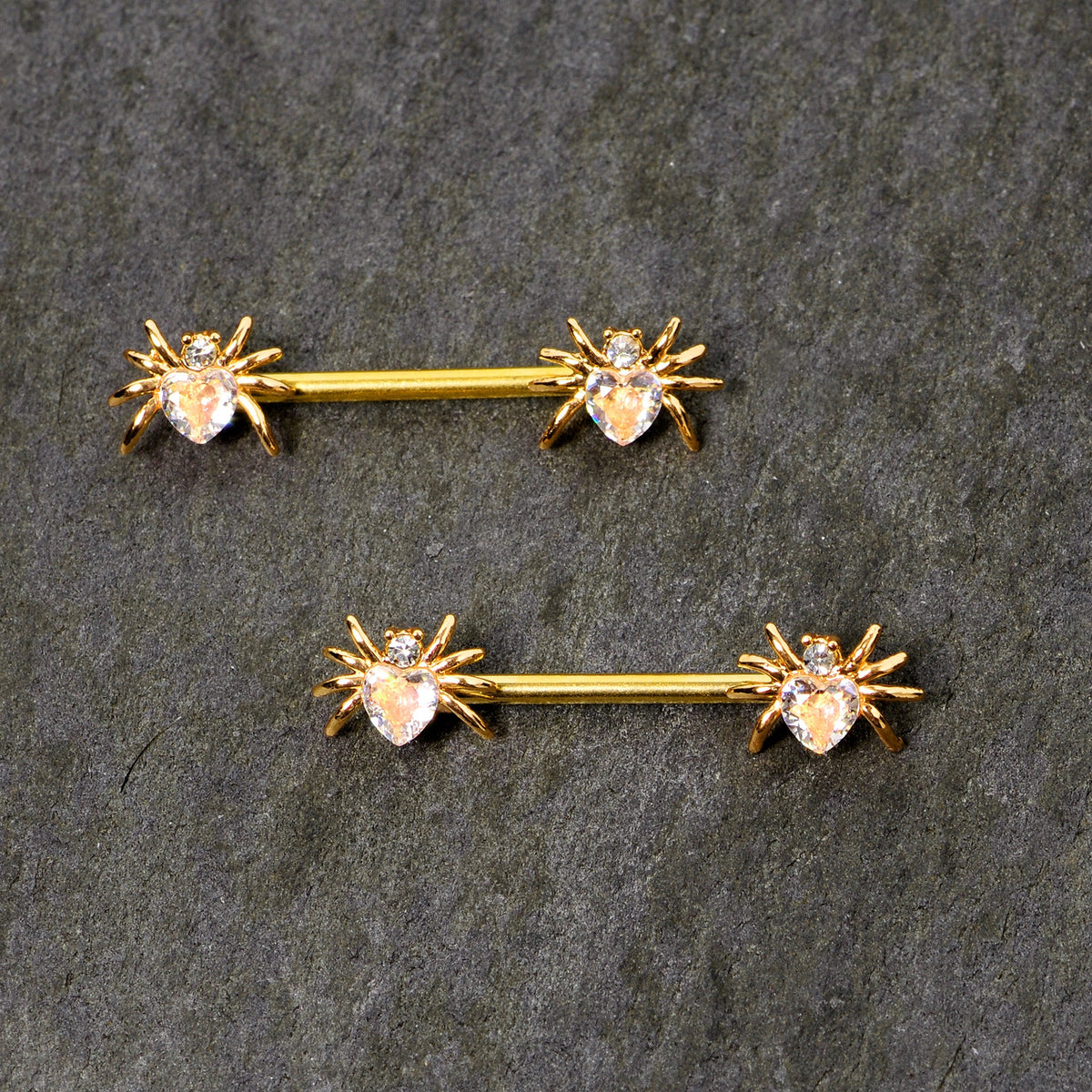14G 9/16 Clear Gem Gold Tone Heart Spider Nipple Ring Set