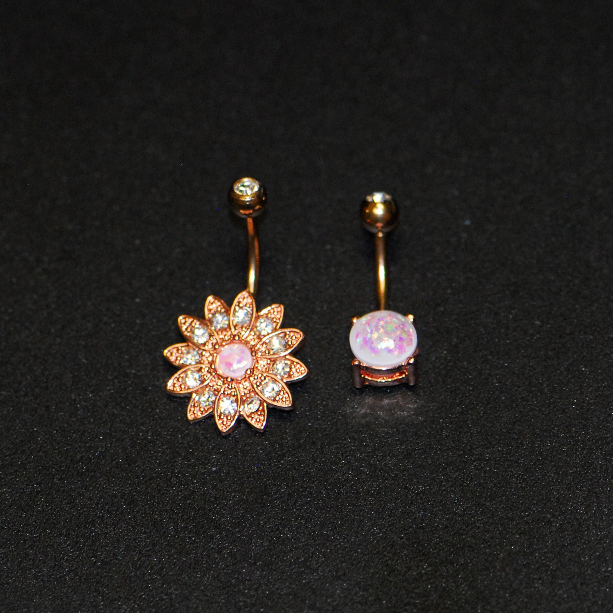 Clear Gem White Faux Opal Rose Gold Tone Flower Belly Ring Set of 2