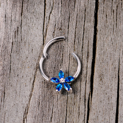 16G 3/8 Blue Gem Royal Flower Hinged Segment Ring