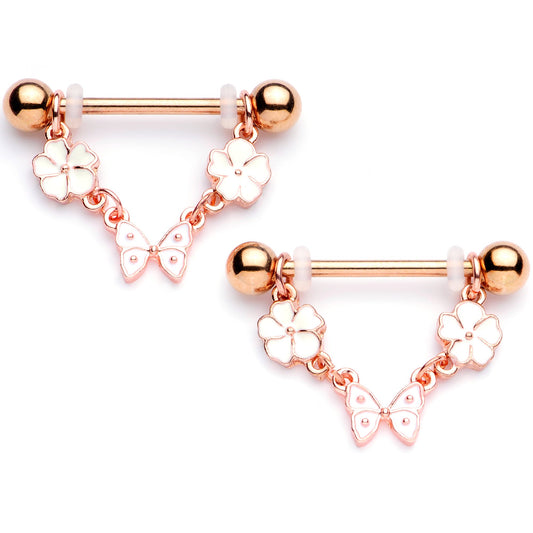 14G 5/8 Gold Tone White Flower Butterfly Dangle Nipple Ring Set