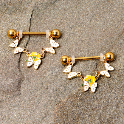 14G 5/8 Green Gem Gold Tone Butterfly Dangle Nipple Ring Set