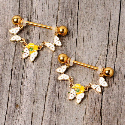 14G 5/8 Green Gem Gold Tone Butterfly Dangle Nipple Ring Set