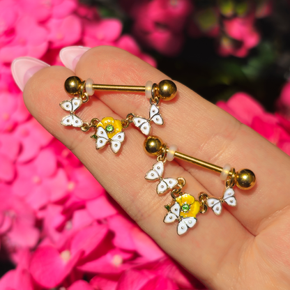 14G 5/8 Green Gem Gold Tone Butterfly Dangle Nipple Ring Set