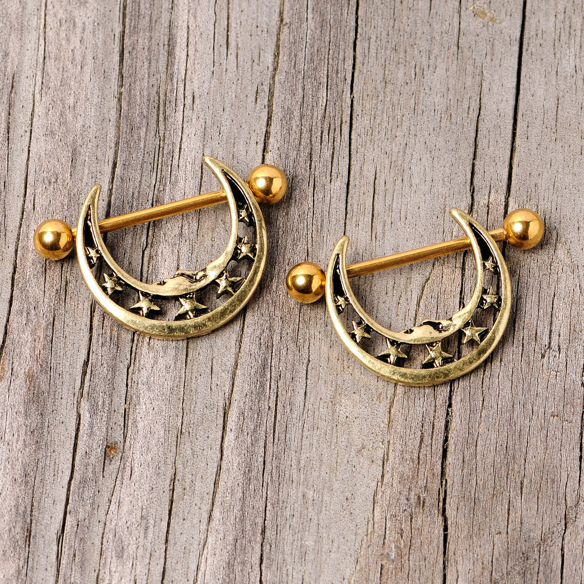 14G 7/8 Gold Tone Starry Crescent Moon Nipple Shield Set