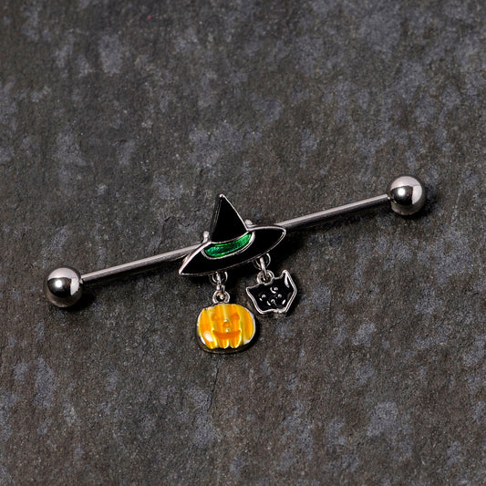 14G Black Cat Witch Hat Halloween Dangle Industrial Barbell 38mm