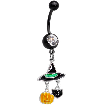 Clear Gem Black Cat Witch Hat Halloween Dangle Belly Ring