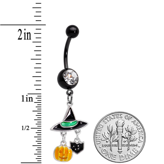 Clear Gem Black Cat Witch Hat Halloween Dangle Belly Ring
