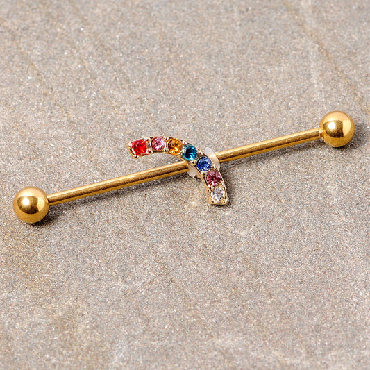 14G Red Blue Gem Gold Tone Rainbow Arc Industrial Barbell 38mm