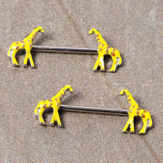 14G 9/16 Brown Yellow Giraffe Barbell Nipple Ring Set