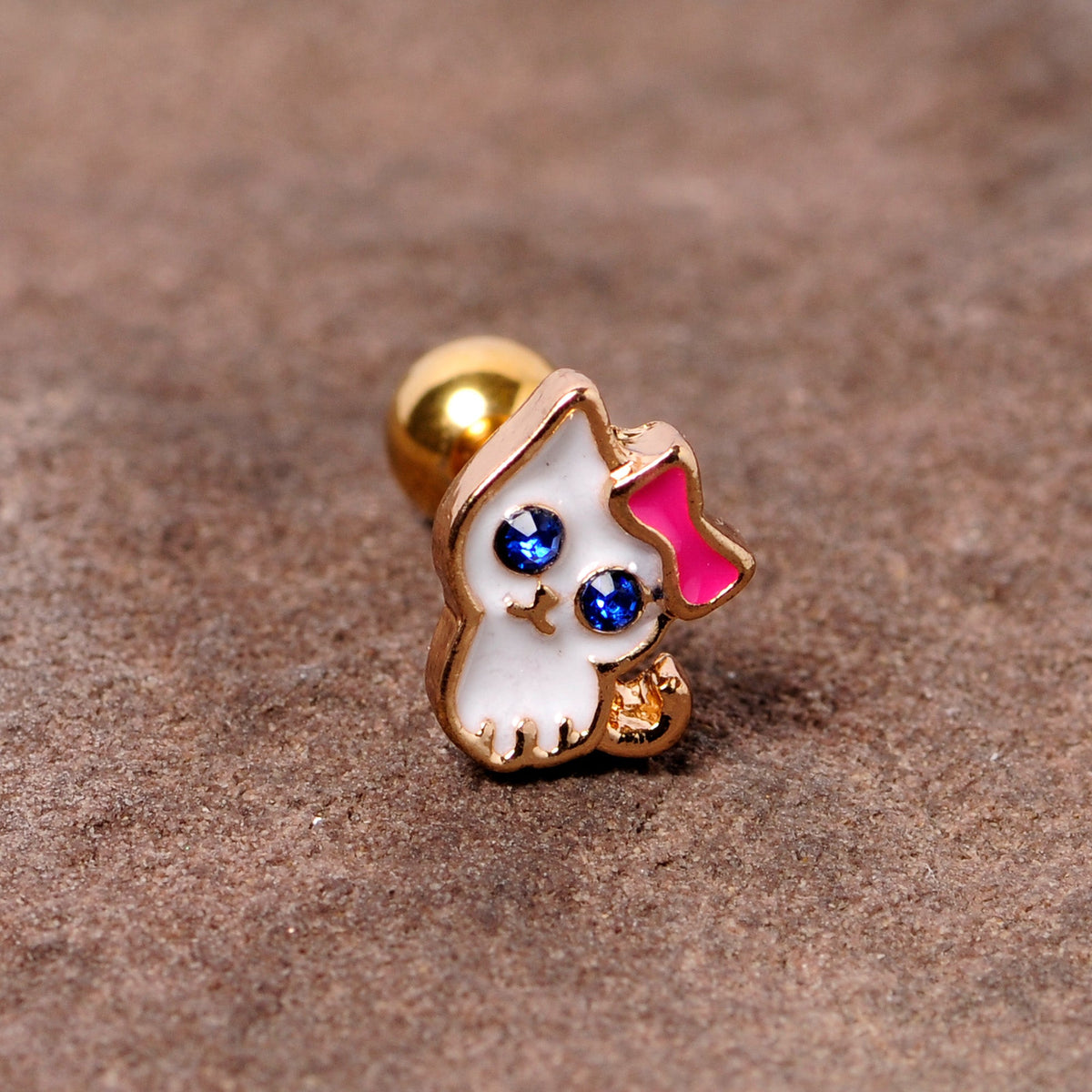 16G 1/4 Blue Gem Gold Tone Sweet Kitty Cat Cartilage Tragus