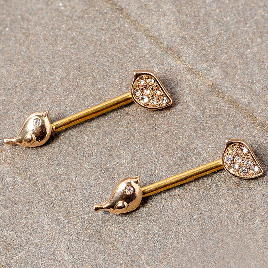 14G 9/16 Clear Gem Gold Tone Little Birds Barbell Nipple Ring Set