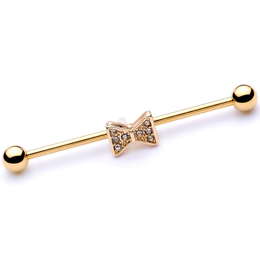 14G Clear Gem Gold Tone Bow Tie Industrial Barbell 38mm
