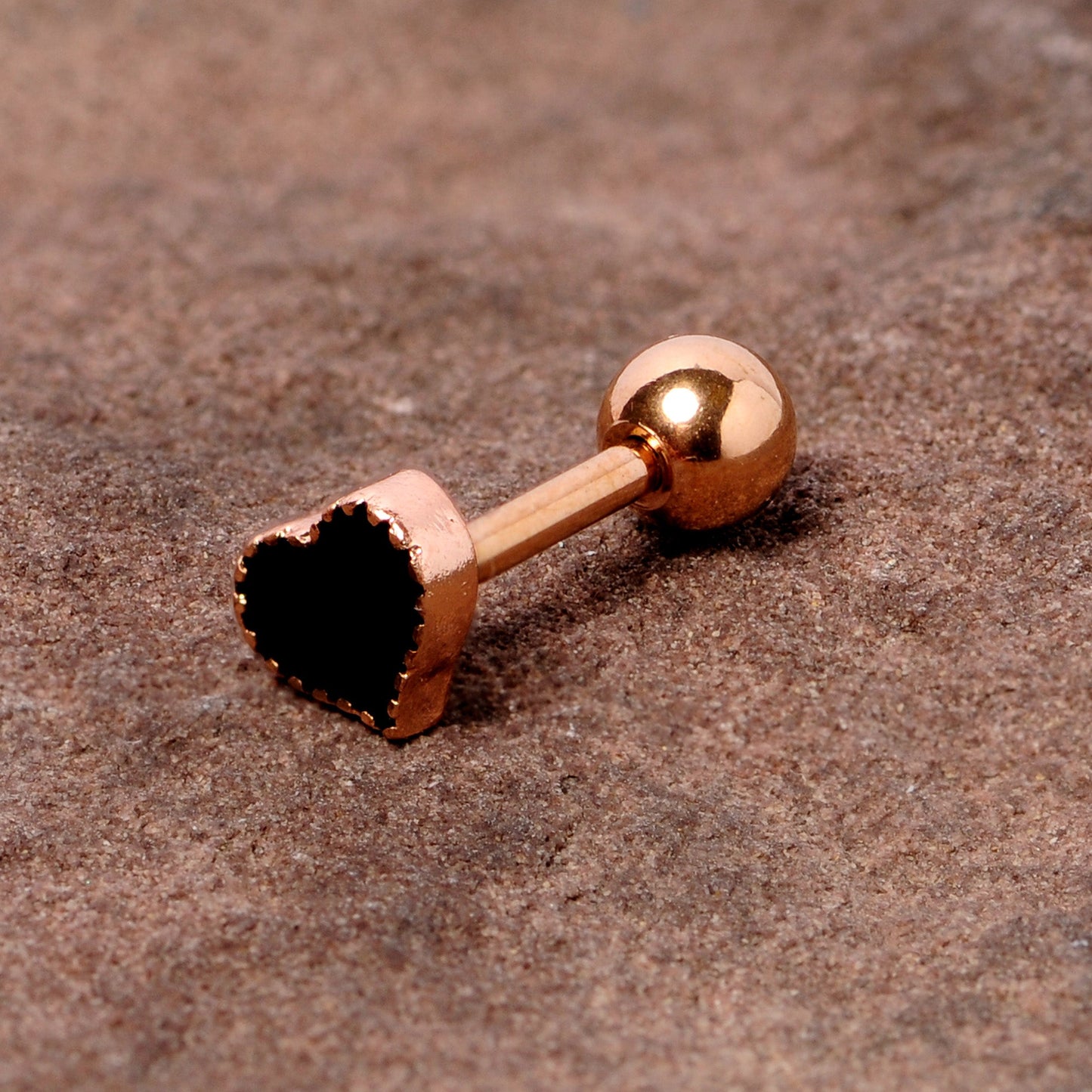 16G 1/4 Rose Gold Tone Black Heart Cartilage Tragus Earring