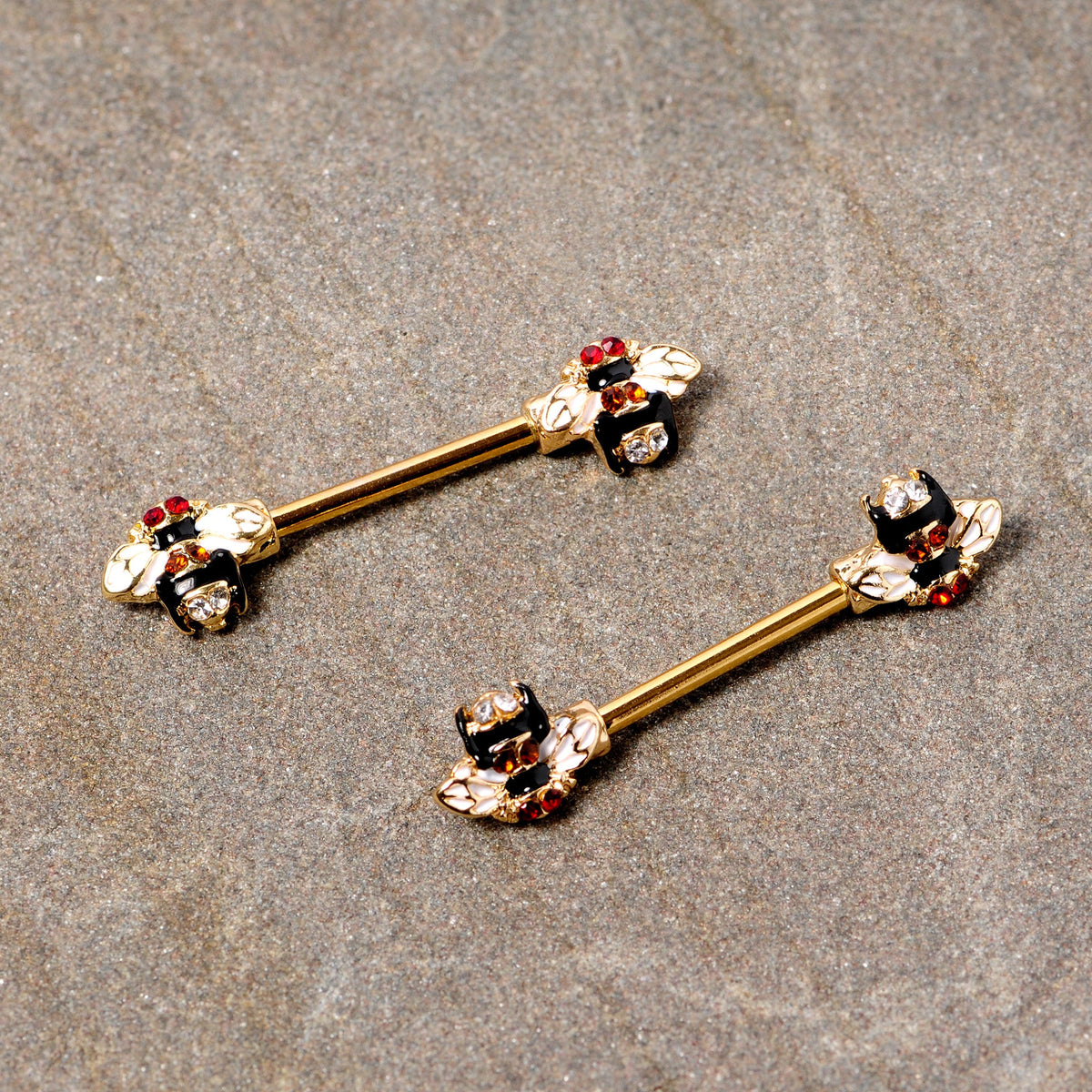 14G 9/16 Clear Yellow Gem Gold Tone Bee Barbell Nipple Ring Set