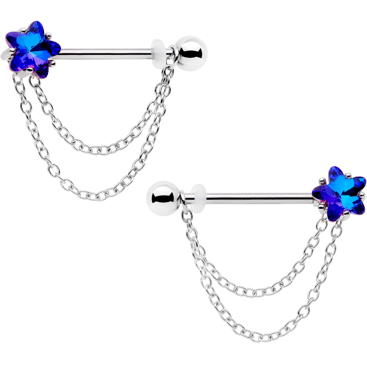 14G 5/8 Blue Purple Gem Star Chain Dangle Barbell Nipple Ring Set
