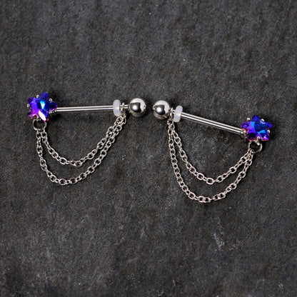14G 5/8 Blue Purple Gem Star Chain Dangle Barbell Nipple Ring Set