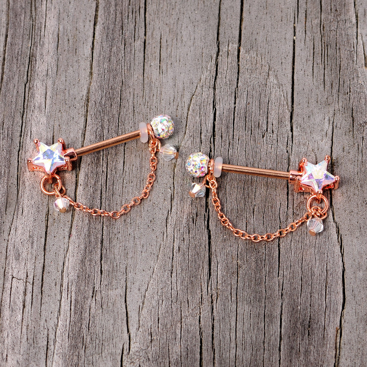 14G 5/8 Aurora Gem Rose Gold Tone Star Dangle Nipple Ring Set