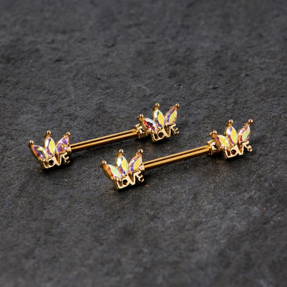 14G 9/16 Aurora Gem Gold Tone Crown Love Barbell Nipple Ring Set