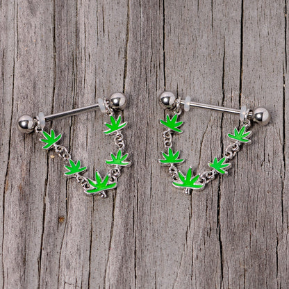 14G 5/8 Green Marijuana Pot Leaf Dangle Barbell Nipple Ring Set