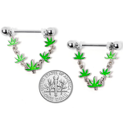 14G 5/8 Green Marijuana Pot Leaf Dangle Barbell Nipple Ring Set
