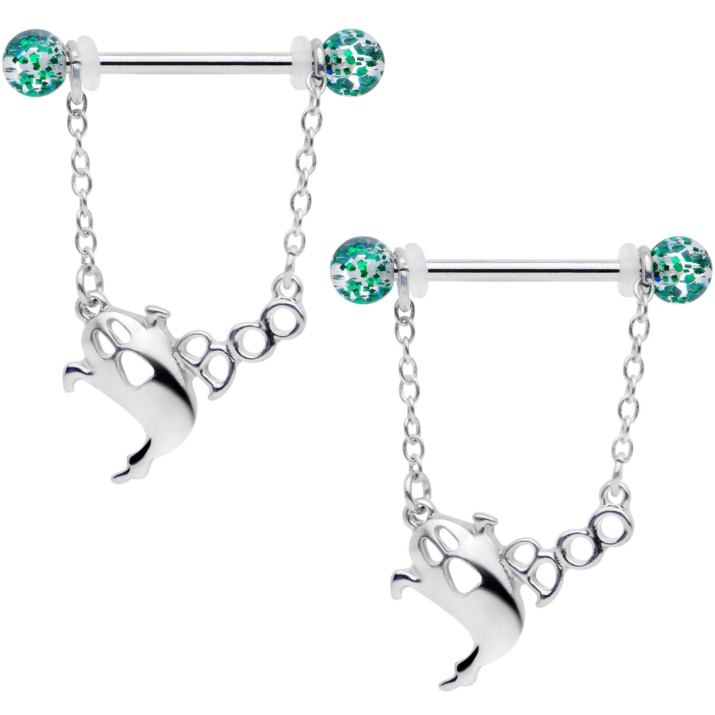14G 5/8 UV Ball Boo Ghost Halloween Chain Dangle Nipple Ring Set