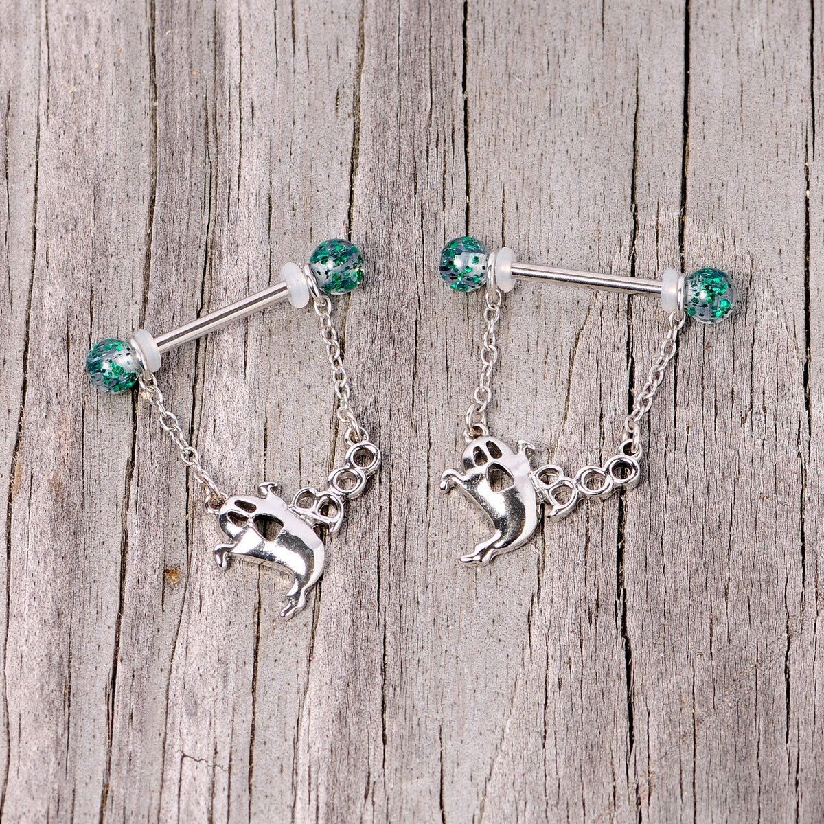 14G 5/8 UV Ball Boo Ghost Halloween Chain Dangle Nipple Ring Set